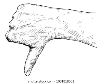 Vector artistic pen and ink drawing illustration of thumb down hand gesture. Business concept of negative vote or social network unlike symbol.
