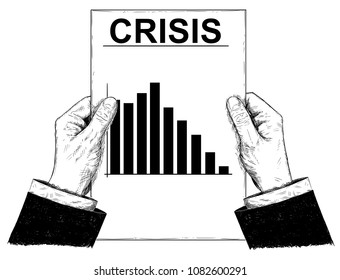 Vector artistic pen and ink drawing illustration of businessman hands holding document or paper with falling financial chart or graph and crisis text. Business concept of bankruptcy and market