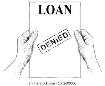 Vector artistic pen and ink drawing illustration of hands holding loan application document with denied text. Business concept of bad credit.