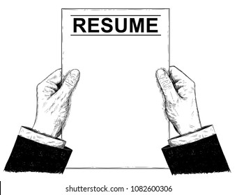 Vector artistic pen and ink drawing illustration of hands of businessman holding resume. Business concept of employment and career.