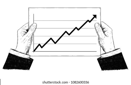 Vector artistic pen and ink drawing illustration of hands holding document or paper with raising financial chart or graph.