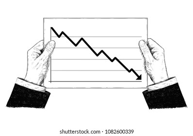 Vector artistic pen and ink drawing illustration of hands holding document or paper with falling financial chart or graph.