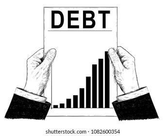 Vector artistic pen and ink drawing illustration of businessman hands holding document or paper with raising debt chart or graph.