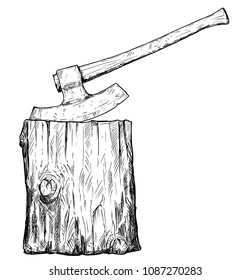 Vector Artistic Pen And Ink Drawing Illustration Of Medieval Executioner Axe Or Ax And Execution Block.