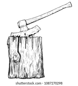 Vector artistic pen and ink drawing illustration of medieval executioner axe or ax and execution block.