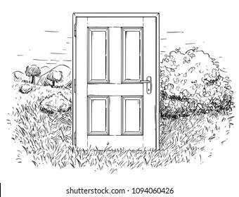 Vector artistic pen and ink drawing illustration of closed door in beautiful nature landscape with grass, trees, mountains and sky. Concept of ecology and environmental conservation.