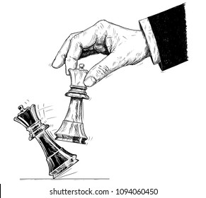 Vector artistic pen and ink drawing illustration of hand holding chess white queen figure and knocking down the black queen. Business concept of checkmate strategy and game.