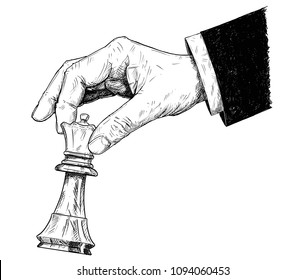 Vector artistic pen and ink drawing illustration of hand holding chess queen figure. Business concept of strategy and game.