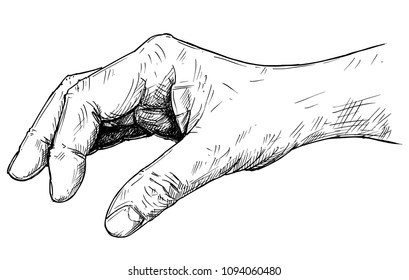 Vector artistic pen and ink drawing illustration of hand holding something small between pinch fingers.