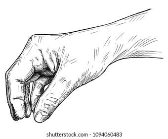 Vector artistic pen and ink drawing illustration of hand holding something small between pinch fingers.