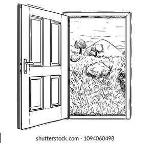 Vector artistic pen and ink drawing illustration of closed door to beautiful nature landscape with grass, trees, mountains and sky. Concept of ecology and environmental conservation.