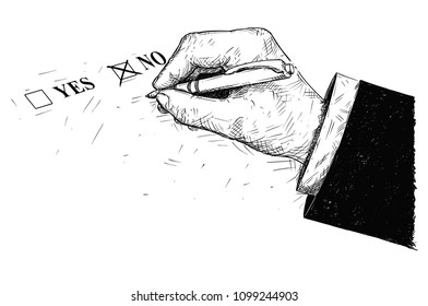 Vector artistic pen and ink drawing illustration of yes and no questionnaire form and hand holding ballpoint pen. Check off no.