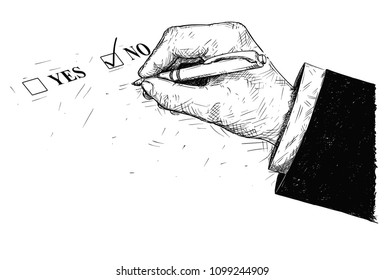 Vector artistic pen and ink drawing illustration of yes and no questionnaire form and hand holding ballpoint pen. Tick off no.