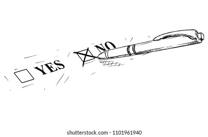 Vector artistic pen and ink drawing illustration of yes and no questionnaire form and ballpoint pen.Check off no.