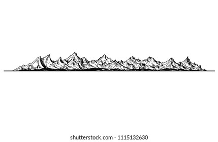 Vector artistic pen and ink drawing illustration of generic mountain landscape.
