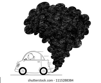 Vector artistic pen and ink drawing illustration of smoke coming from car exhaust into air. Environmental concept of pollution.