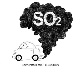 Vector artistic pen and ink drawing illustration of smoke coming from car exhaust into air. Environmental concept of SO2 or sulfur dioxide pollution.