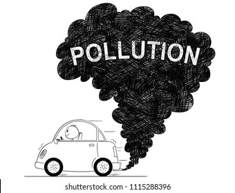 Vector artistic pen and ink drawing illustration of smoke coming from car exhaust into air. Environmental concept of pollution.