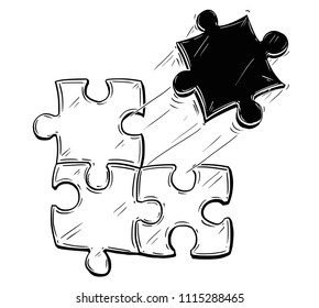 Vector artistic pen and ink drawing illustration of four jigsaw puzzle pieces, one of them is different and leaving others. Business concept of teamwork and cooperation.