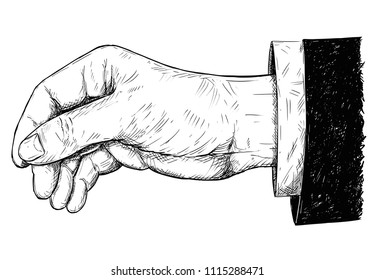 Vector artistic pen and ink drawing illustration of hand in suit holding something paper thin between pinch fingers.