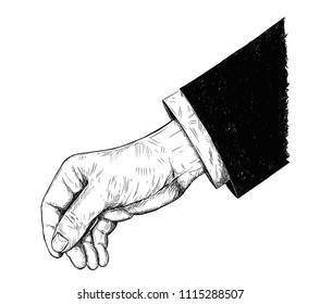 Vector artistic pen and ink drawing illustration of hand in suit holding something paper thin between pinch fingers.