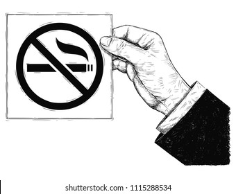 Vector artistic pen and ink drawing illustration of hand in suit holding paper with no smoking sign or symbol.