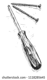 Vector artistic pen and ink drawing illustration of cross-point screwdriver and two wood screws.