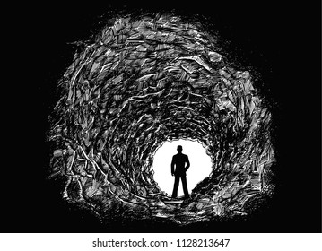 Vector artistic pen   ink drawing illustration dark rough cave tunnel in rock Silhouette man businessman standing in light at the end  Business concept 