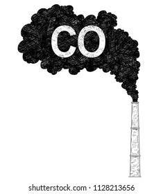 Vector artistic pen and ink drawing illustration of smoke coming from industry or factory smokestack or chimney into air. Environmental concept of carbon monoxide or CO pollution.