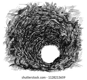 Vector artistic pen   ink drawing illustration dark rough cave tunnel in rock  Light at the end 