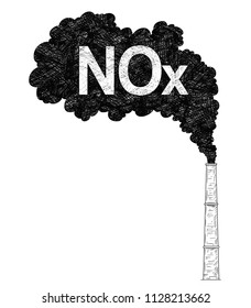 Vector artistic pen and ink drawing illustration of smoke coming from industry or factory smokestack or chimney into air. Environmental concept of nitrogen oxides or NOx pollution.