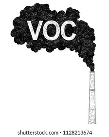 Vector artistic pen and ink drawing illustration of smoke coming from industry or factory smokestack or chimney into air. Environmental concept of VOC or volatile organic compound pollution.