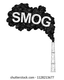 Vector artistic pen and ink drawing illustration of smoke coming from industry or factory smokestack or chimney into air. Environmental concept of smog pollution.