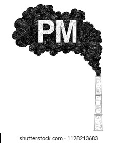 Vector artistic pen and ink drawing illustration of smoke coming from industry or factory smokestack or chimney into air. Environmental concept of particulate matter or PM pollution.