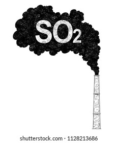 Vector artistic pen and ink drawing illustration of smoke coming from industry or factory smokestack or chimney into air. Environmental concept of sulfur dioxide or SO2 pollution.