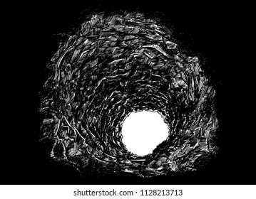 Vector artistic pen   ink drawing illustration dark rough cave tunnel in rock  Light at the end 