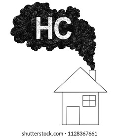 Vector artistic pen and ink drawing illustration of smoke coming from house chimney into air. Environmental concept of HC or hydrocarbon pollution.