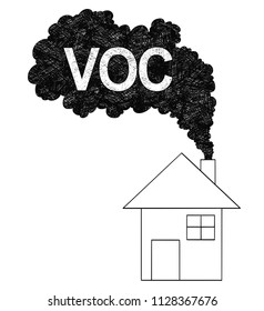 Vector artistic pen and ink drawing illustration of smoke coming from house chimney into air. Environmental concept of VOC or volatile organic compound pollution.