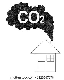 Vector artistic pen and ink drawing illustration of smoke coming from house chimney into air. Environmental concept of carbon dioxide or CO2 pollution.