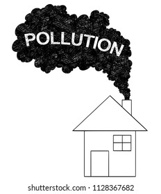 Vector artistic pen and ink drawing illustration of smoke coming from house chimney into air. Environmental concept of pollution.