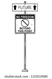 Vector artistic pen and ink drawing of traffic arrow sign with future and no freedom beyond this point texts. Concept of future without human rights, and in dictatorship and police state.