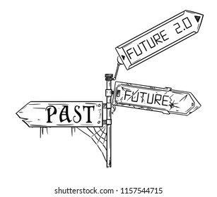 Vector artistic pen and ink drawing illustration of traffic arrow sign with past,future and future 2.0 text. Concept of pessimistic expectations and new opportunity.