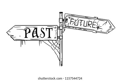 Vector artistic pen and ink drawing illustration of traffic arrow sign with past and future text. Both arrows are damaged and dirty. Concept of pessimistic expectations.