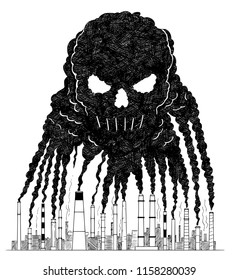 Vector artistic pen and ink drawing illustration of smoke coming from industry or factory smokestacks or chimneys creating human skull shape into air. Environmental concept of toxic and deadly air