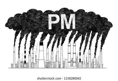 Vector artistic pen and ink drawing illustration of smoke coming from industry or factory smokestacks or chimneys into air. Environmental concept of particulate matter or PM air pollution.