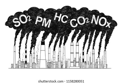Vector artistic pen and ink drawing illustration of smoke coming from industry or factory smokestacks or chimneys into air. Environmental concept of air pollution.