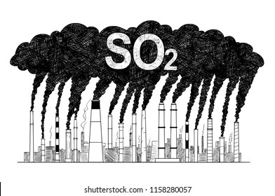 Vector artistic pen and ink drawing illustration of smoke coming from industry or factory smokestacks or chimneys into air. Environmental concept of sulfur dioxide or SO2 air pollution.