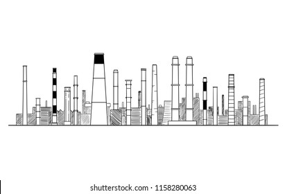 Vector artistic pen and ink drawing illustration of industrial or factory smokestacks or chimneys.