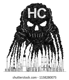 Vector artistic pen and ink drawing illustration of smoke coming from industry or factory smokestacks or chimneys creating human skull shape in air. Environmental concept of toxic and deadly HC or