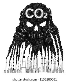 Vector artistic pen and ink drawing illustration of smoke coming from industry or factory smokestacks or chimneys creating human skull shape in air. Environmental concept of toxic and deadlycarbon
